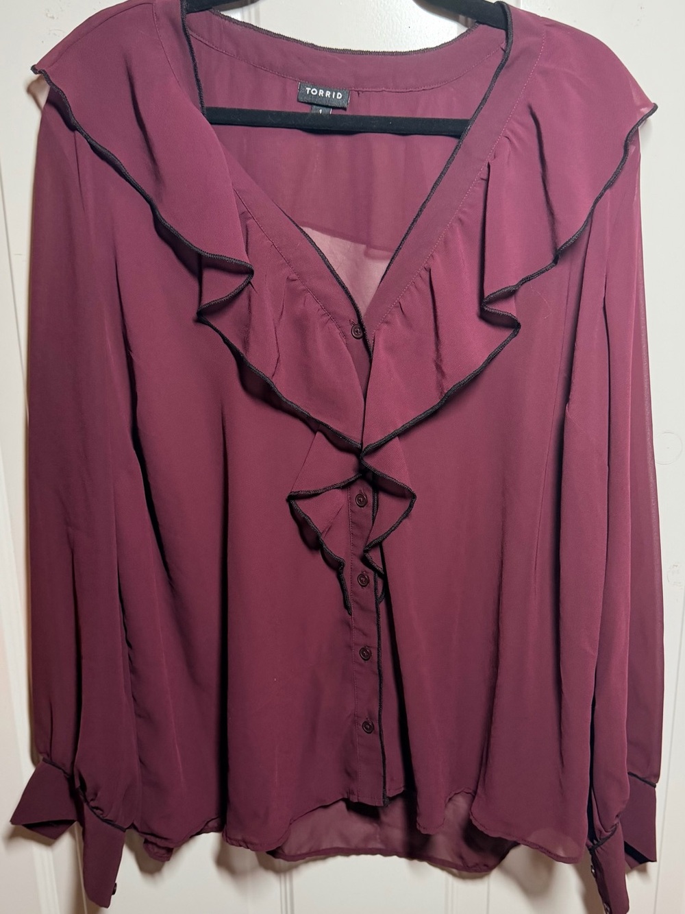 torrid plum ruffle-trim button-front blouse